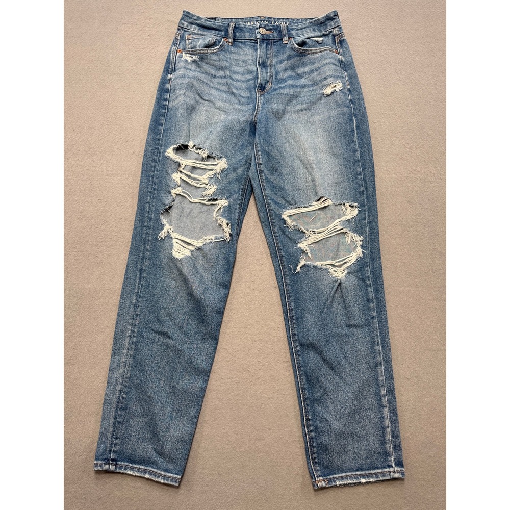 American Eagle Jeans Women's 8 Long Blue Medium Wash Ripped High Rise Distressed